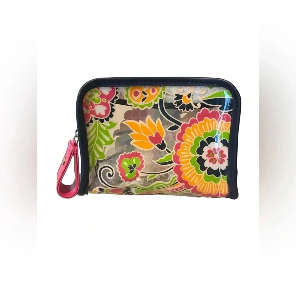 Spartina 449 Clear Colorful Floral Cosmetic Makeup Kit Leather Strap Zipper
